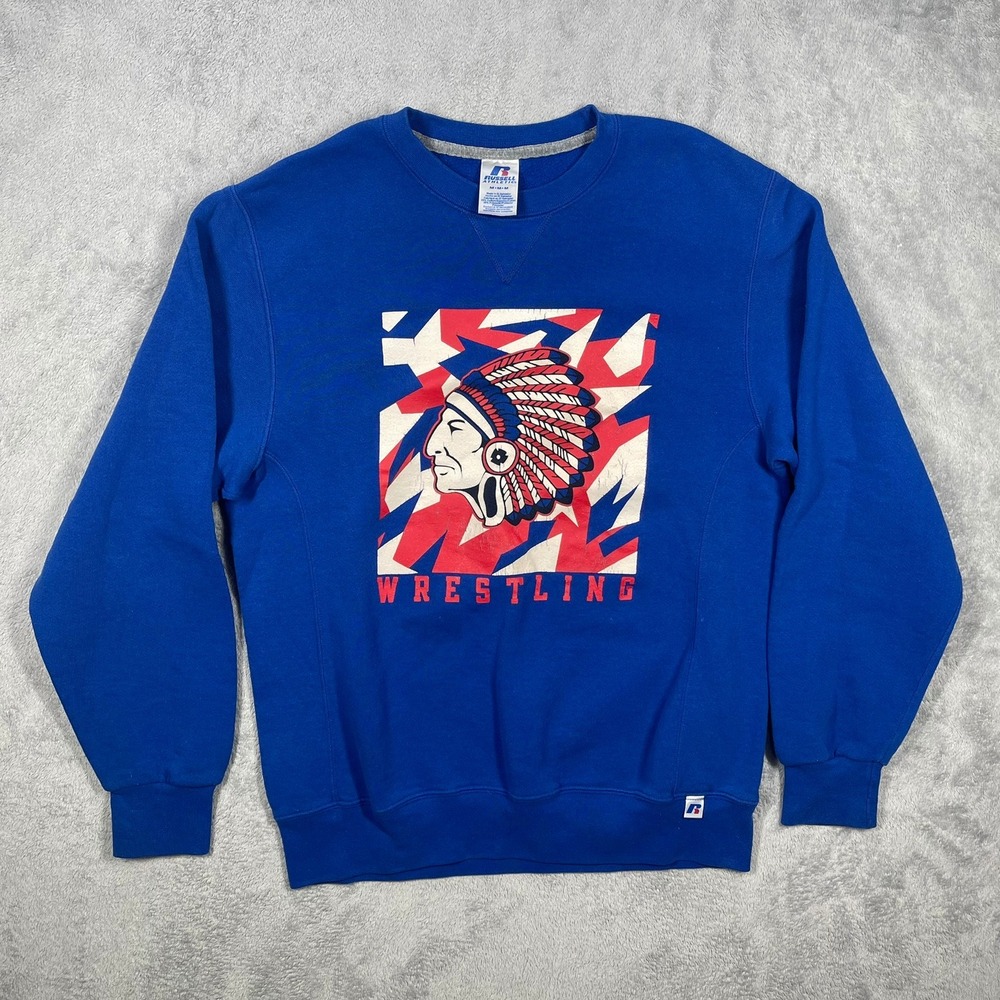 Russell Athletic Wrestling Sweatshirt Mens M Blue‎ Graphic Chief Logo Pullover